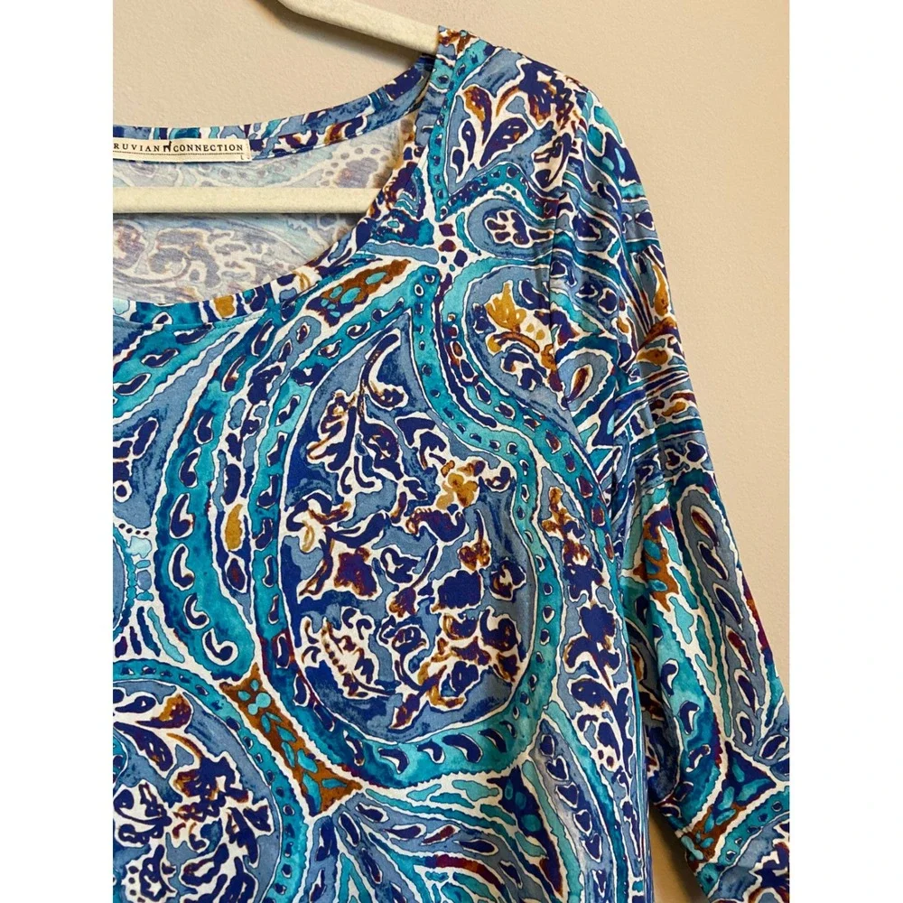 Peruvian Connection Venezia Paisley Print Dress Blue Turquoise Size Large‎